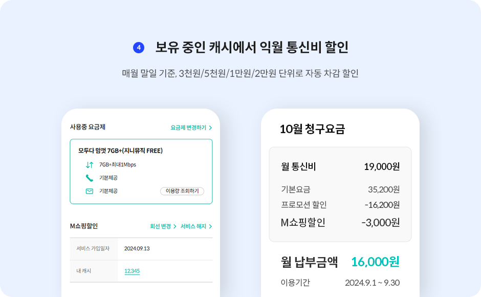 보유 중인 캐시에서 익월 통신비 할인, 매월 말일 기준, 3천원/5천원/1만원/2만원 단위로 자동 차감 할인