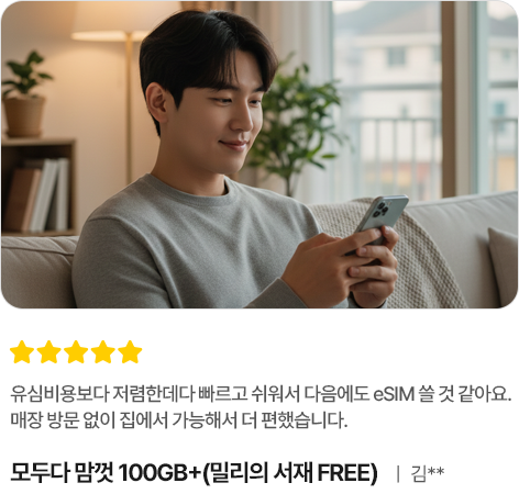 유심비용보다 저렴한데다 빠르고 쉬워서 다음에도 eSIM 쓸 것 같아요. 매장 방문 없이 집에서 가능해서 더 편했습니다. 모두다 맘껏 100GB+(밀리의 서재 FREE) 김**